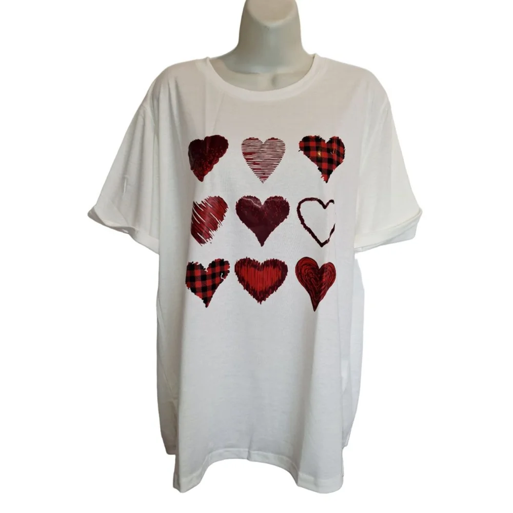 White Short Sleeve Tee with Red Hearts, Size XL nwt valentines day top - Picture 1 of 4